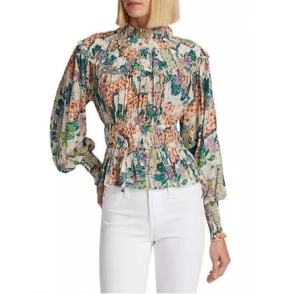 Love the Label Francesca Metallic Floral Top S High Neck Puff Sleeve Ruffle Boho - Picture 1 of 9